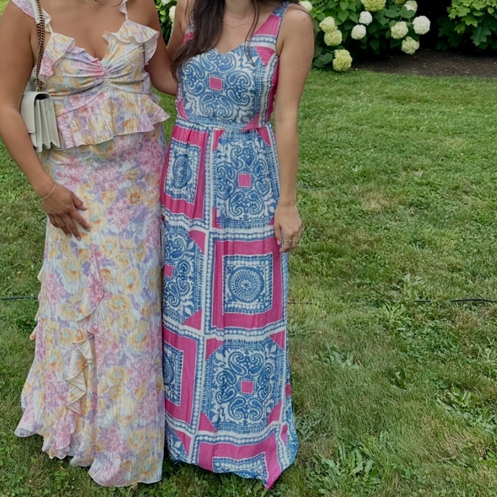 Vineyard Vines Pink and Blue Patterned Silk Maxi Dress